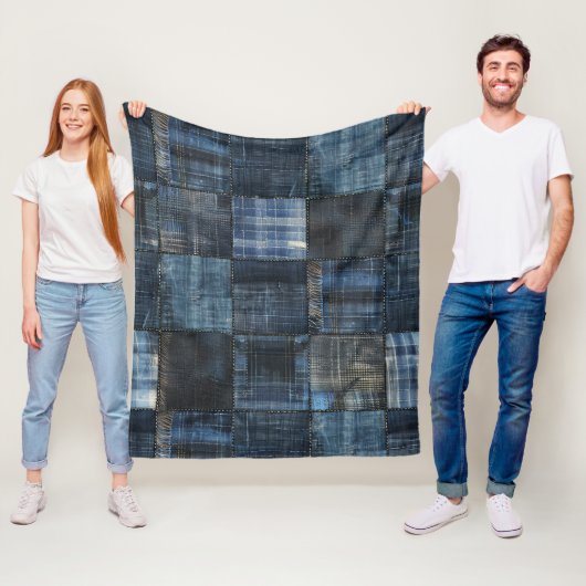 Couverture Polaire Motif sans couture patchwork denim indigo (En situation)