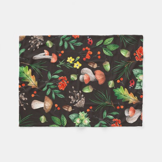 Couverture Polaire Motif sans joint avec champignons, noix, feuilles, (Devant (Horizontal))