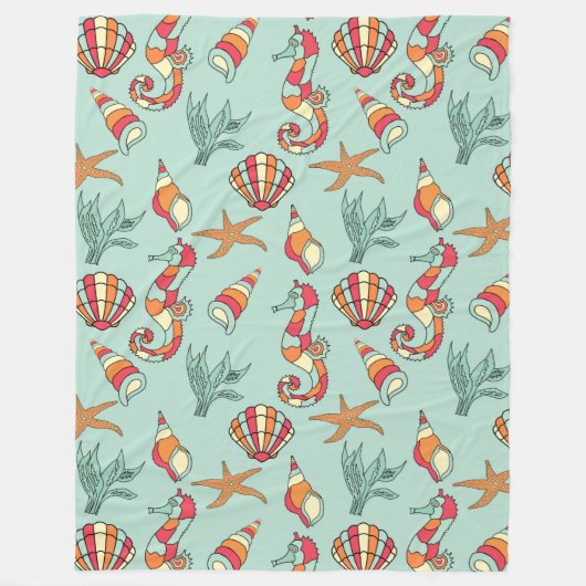 Couverture Polaire Motif Seahorse et Seashell Turquoise (Devant)