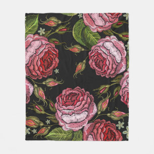 Couverture Polaire Motif vintage de broderie de rose rouge