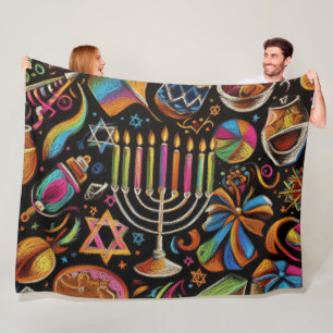 Couverture Polaire Motifs colorés Hanoukka Menorah
