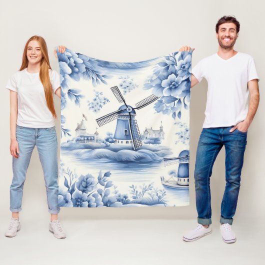 Couverture Polaire Moulin à vent Delft bleu aquarelle  (En situation)
