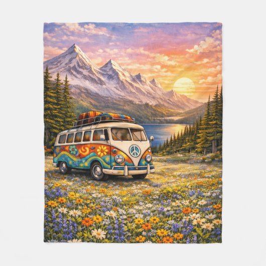 Couverture Polaire Mountain Sunset Wildflowers Retro Hippie Van Life (Devant)