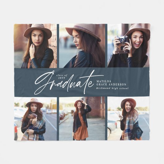 Couverture Polaire Multi photo moderne marine bleu script graduation (Devant (Horizontal))