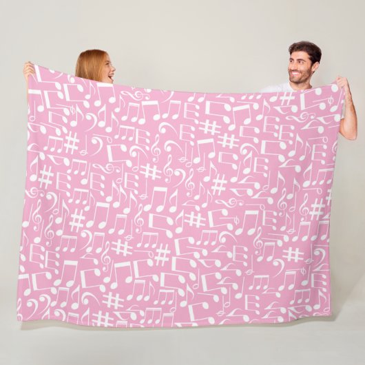 Couverture Polaire Musique Danse Notes Blanches Rose Pâle (En situation)