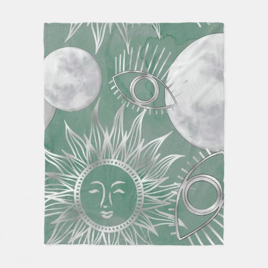 Couverture Polaire Mystique solaire | Dusty Green Silver Moon Stars S (Devant)