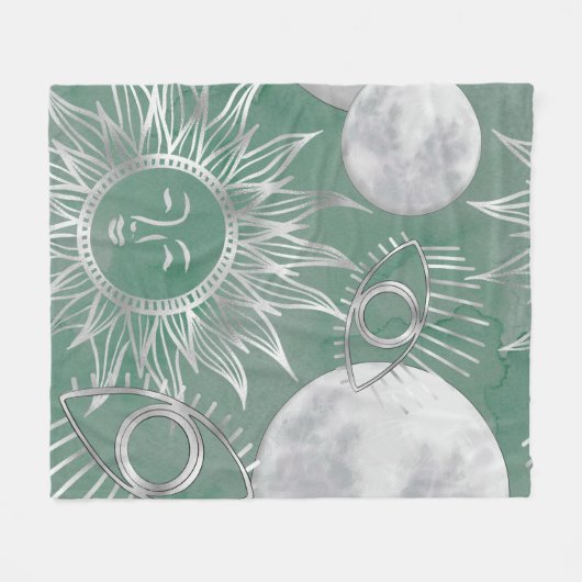 Couverture Polaire Mystique solaire | Dusty Green Silver Moon Stars S (Devant (Horizontal))