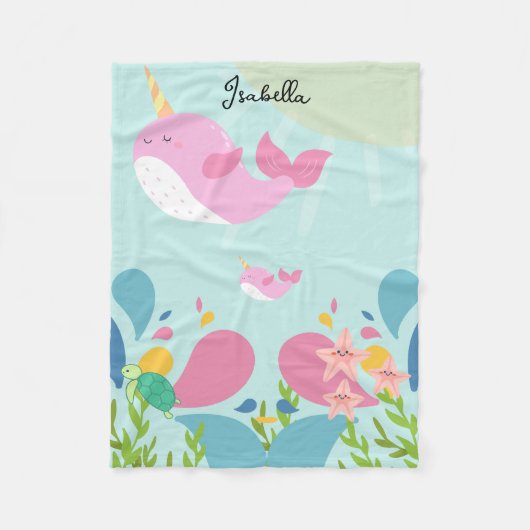 Couverture Polaire narval rose mignon sur la scène de l'océan bleu, (Devant)
