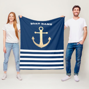 Couverture Polaire Nautical, Gold Anchor Navy Blue Striped