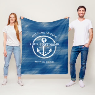 Couverture Polaire Nautical Navy Blue Welcome Aboard Nom du bateau An