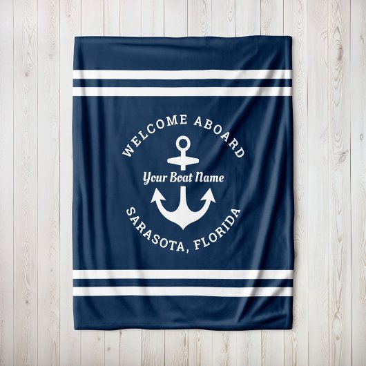 Couverture Polaire Nautical Navy Blue Welcome Aboard Nom du bateau An