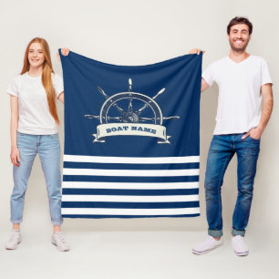 Couverture Polaire Nautique, Roue de Bateau, Rayures Bleu Marine