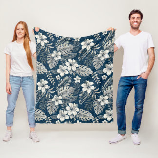 Couverture Polaire Navy Blue Hibiscus Monstera Tropical Botanical