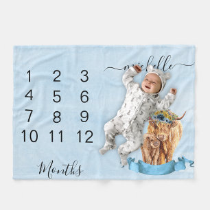 Couverture Polaire New Baby Infant Milestone Highland Cow Blue