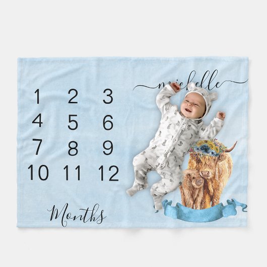 Couverture Polaire New Baby Infant Milestone Highland Cow Blue