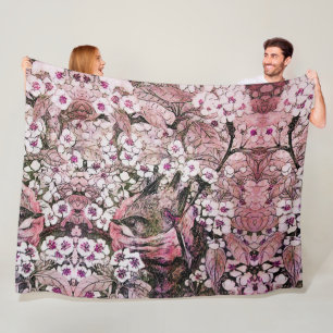 COUVERTURE POLAIRE NID D'OISEAU, ARBRE, FLEURS DE PRINTEMPS BLANC ROS