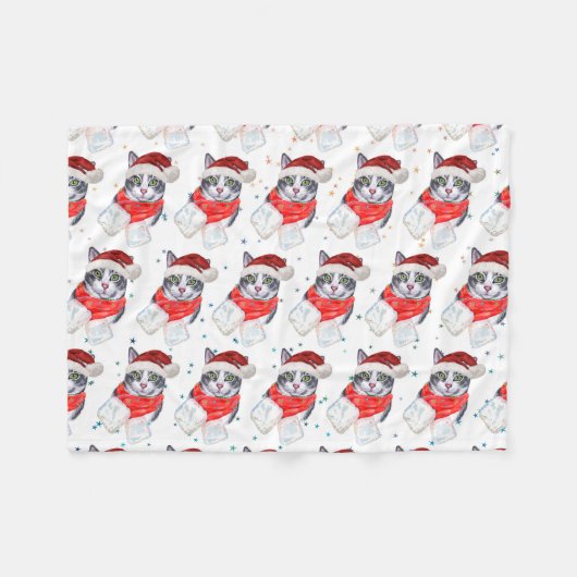 Couverture Polaire Noël de chat tabby gris et blanc drôle (Devant (Horizontal))