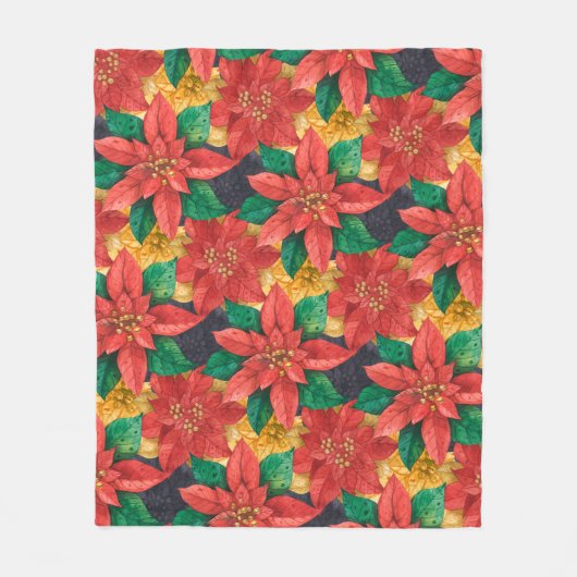 Couverture Polaire Noël des Poinsettias Rouge et Or (Devant)