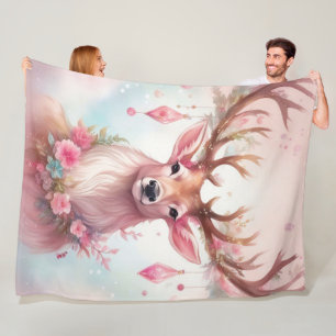 Couverture Polaire Noël en rose : renne avec déco de Noël rose
