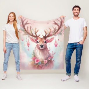 Couverture Polaire Noël en rose : renne avec décoration de Noël rose