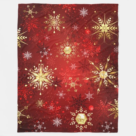 Couverture Polaire Noël Golden Snowflakes sur Arrière - plan rouge (Devant)