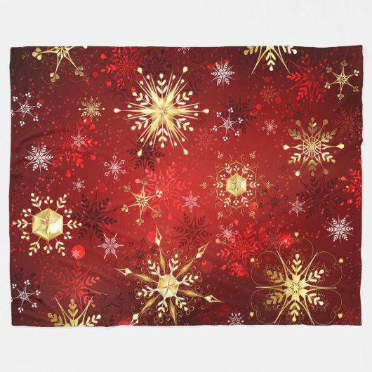 Couverture Polaire Noël Golden Snowflakes sur Arrière - plan rouge (Devant (Horizontal))