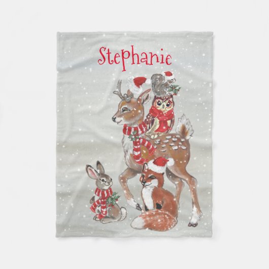 Couverture Polaire Noël Grey Winter Woodland Animal Deer Nom (Devant)
