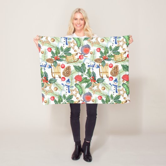 Couverture Polaire Noël Noël Noël Noël Snowman, Pine Cones, Holly (En situation)