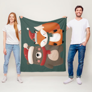 Couverture Polaire Noël/Ourson et renard mignons d'hiver