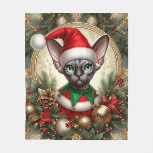 Couverture Polaire Noël personnalisé elf Sphynx cadeau chat Noël (Devant)