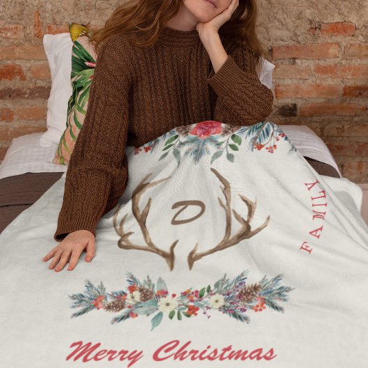 Couverture Polaire Noël rustique aquarelle nom de famille monogramme