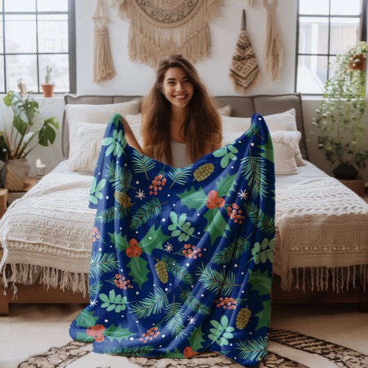 Couverture Polaire Noël saint et cônes de pin motif fleece blan