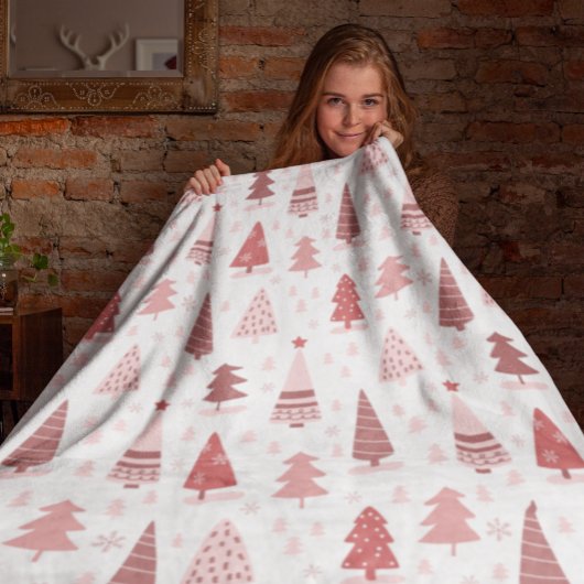 Couverture Polaire Noël Vacances Aquarelle Rose or Arbre