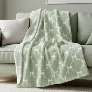 Couverture Polaire Nœuds Coquette Motif Gingham Crème Vert Sauge