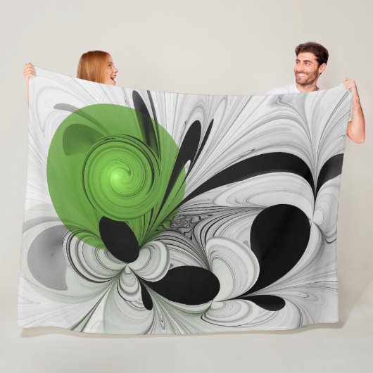Couverture Polaire Noir Abstrait et blanc avec art fractal vert (En situation)