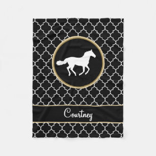 Couverture Polaire Noir de silhouette de cheval Quatrefoil blanc avec