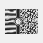 Couverture Polaire Noir Et Blanc Floral Damas & Stripes-Monogramme (Devant (Horizontal))