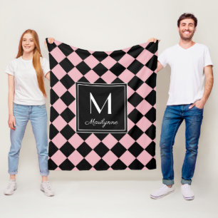 Couverture Polaire Noir et rose À damiers Monogramme moderne Nom