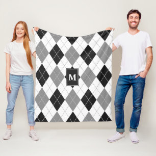 Couverture Polaire noir gris blanc Jacquard plaid monogrammé