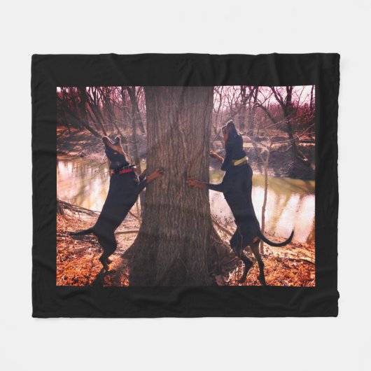 Couverture Polaire Noir & Tan Coonhounds Treeing Sur La Rivière (Devant (Horizontal))