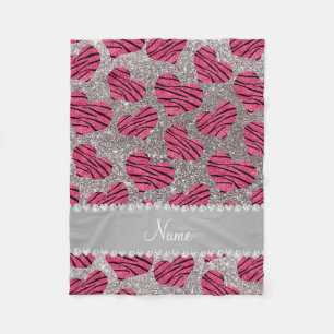 Couverture Polaire Nom Coeurs roses argent parties scintillant zèbre 