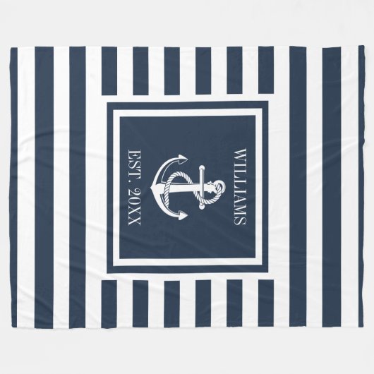 Couverture Polaire Nom de famille Marine Blue Striped Nautical Ancre (Devant (Horizontal))