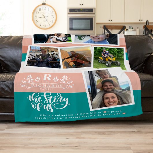 Couverture Polaire Nom de famille Photo Collage | Turquoise & rose