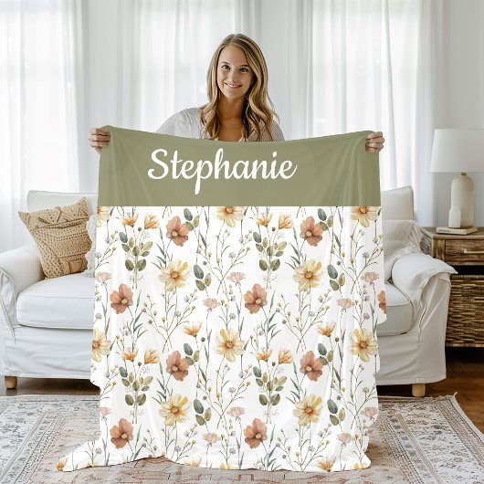 Couverture Polaire Nom de fleur sauvage à l'aquarelle vert sage Boho