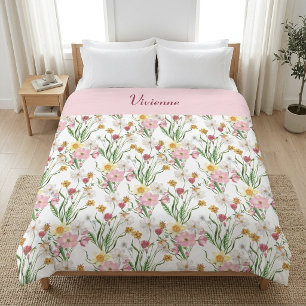 Couverture Polaire Nom de fleur sauvage aquarelle rose vert