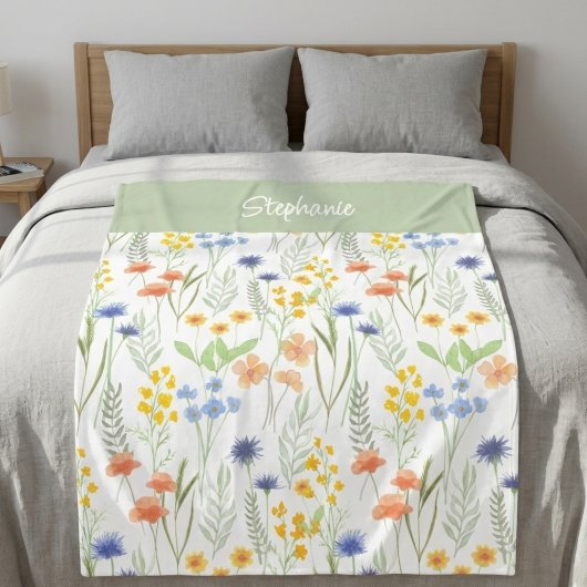 Couverture Polaire Nom de fleur sauvage aquarelle vert orange