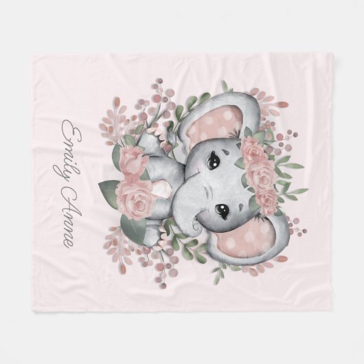 Couverture Polaire Nom de l'enfant Eléphant rose rose floral (Devant (Horizontal))