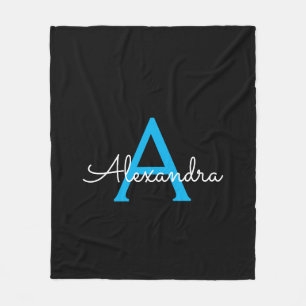 Couverture Polaire Nom de monogramme féminin écriture bleu noir