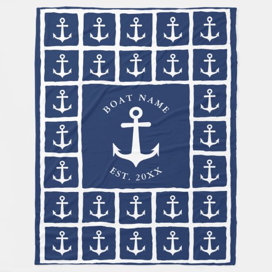 Couverture Polaire Nom du bateau Marine Bleu Blanc Ancres Nautiques (Devant)