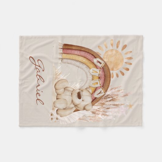Couverture Polaire Nom du bébé customisé Boho Teddy Bear Rainbow (Devant (Horizontal))